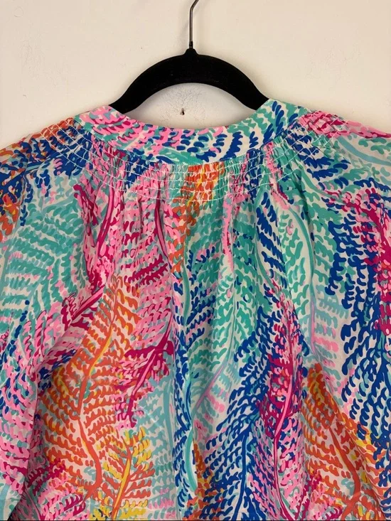 Lilly Pulitzer Popover Electric Feel 100% Silk Long Sleeve Elsa Blouse Medium - Picture 7 of 9
